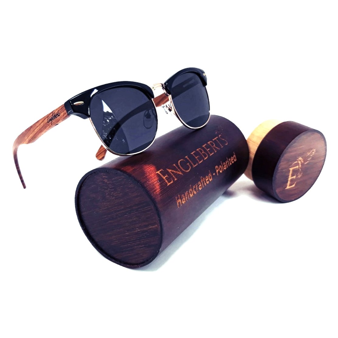 Real Walnut Wood Club Style Sunglasses With Bamboo Case, Polarized